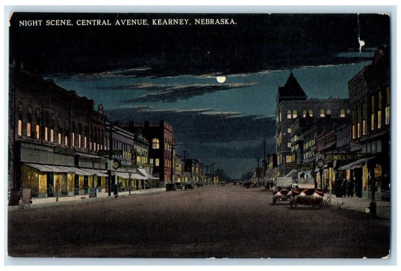 c1930's Night Scene Central Avenue Night View Kearney Nebraska NE Postcard