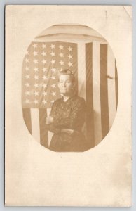 RPPC Lovely Old Woman In Front of 48 Star American Flag Postcard F30