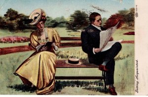 USA Postcard 1908 Posted Getting Acquainted IPCN & Co Reading on a Public Bench