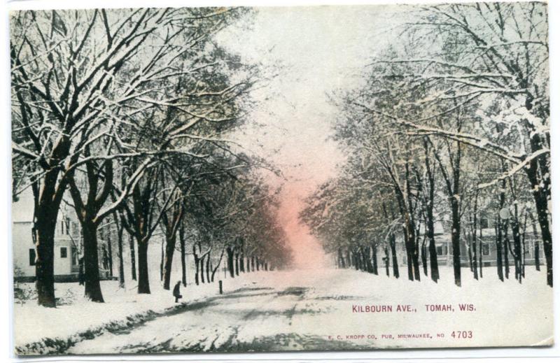 Kilbourn Avenue Snow Street Scene Tomah Wisconsin 1910 postcard