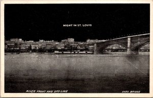Night In St Louis MO, River Front and Skyline Vintage Postcard Q70