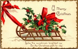 Christmas Sleigh With Holly and Red Ribbon Clapsaddle