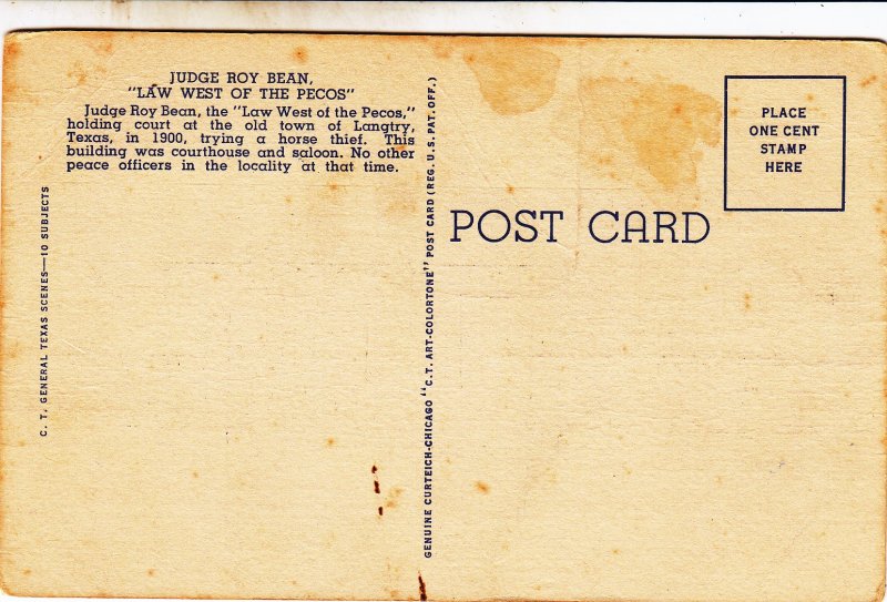 P1752 Texas TX Pecos Law West Judge Roy Bean Court House Old Vintage pc