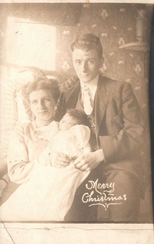 Vintage Postcard Merry Christmas Mother Father & Baby Family Holiday Photo RPPC 