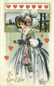 Embossed Valentine Postcard A/S Kathryn Elliott Lovely Lady Fancy Dress Hearts
