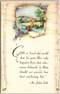 St. John 3:16, Bible Verse, God So Loved The World, House, Streams, Postcard