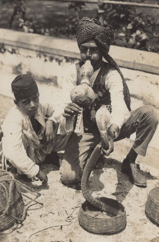 Indian Children Snake Charmer Antique Real Photo Postcard