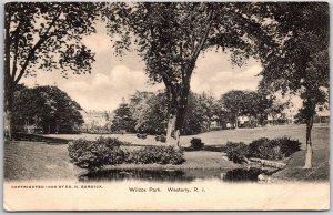 Wilcox Park Westerly Rhode Island RI Trees Stream and Houses Postcard