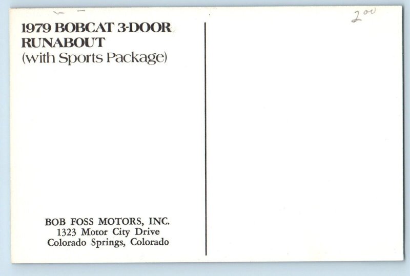 Dealership Postcard Cars Sedan 1979 Bobcat 3 Door Runabout Bob Foss Motors Inc