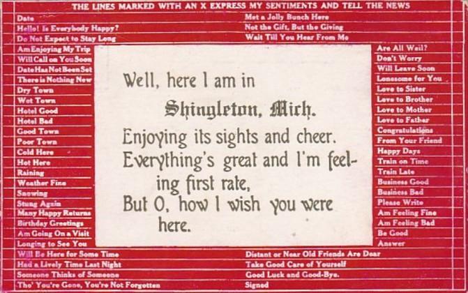 Michigan Shingleton Busy Persons Correspondence Card 1909