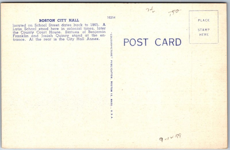 VINTAGE POSTCARD BOSTON CITY HALL (BUILT 1865)