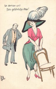 Comic Humor Dangerous Age Bi Hat Woman Gentleman Art by KR postcard C357