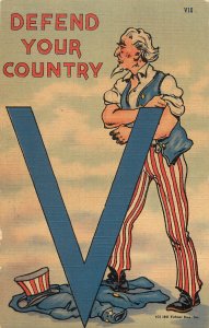 Linen WWII Postcard Uncle Sam Rolling Up His Sleeve Defend Your Country V