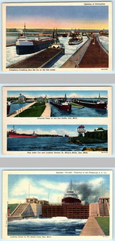 3 Postcards SOO LOCKS, Michigan MI ~ Freighters, Steamer Farrell Hay Lake Cut