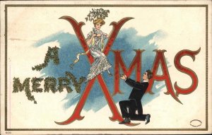 Christmas Handsome Man Kneeling by Beautiful Woman c1910 Vintage Postcard