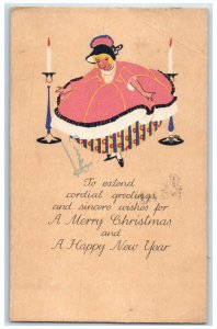 1916 Christmas And New Year Girl Bow Candles Volland Chicago IL Antique Postcard