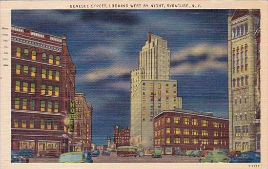 New York  Syracuse Genesee Street Looking West By Night 1956