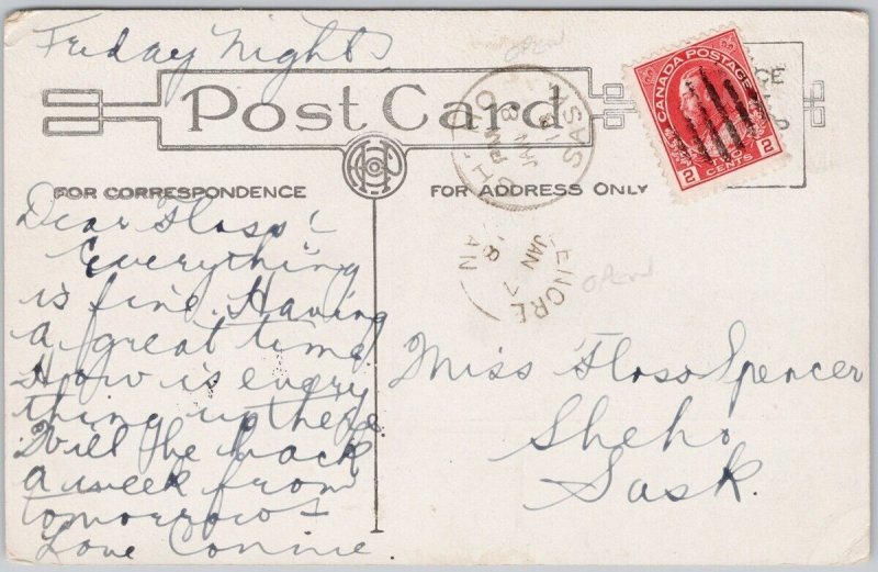 Lenore Manitoba Pennant 1913 Lenore Split Ring & Sheho Sask Cancels Postcard H68