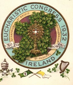 1932 Eucharistic Congress Ireland To USA Clovers Embossed Vintage Postcard F33