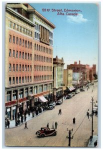 c1910 101st Street Edmonton Alberta Canada Cars Business Section Crowds Postcard