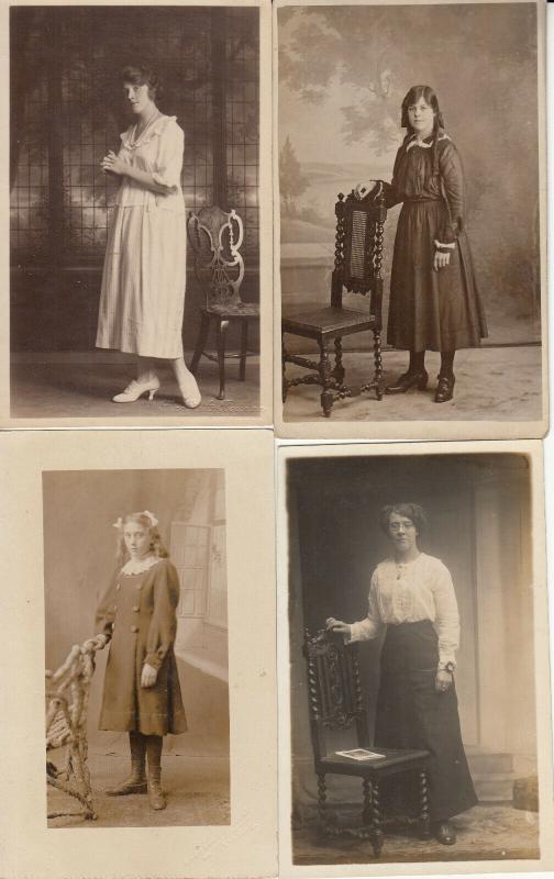 Women portraits near vintage chairs early photo postcards x 4