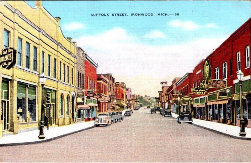 Ironwood, MI Michigan SUFFOLK STREET SCENE  Thelma Beauty Shop~Bakery  Postcard