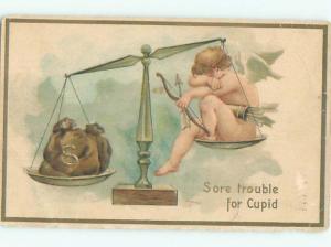 Pre-Linen Valentine CUPID ON BALANCE SCALE BAG OF MONEY AB3131