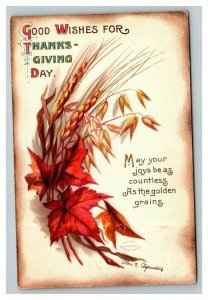 Vintage 1910's Ellen Clapsaddle Thanksgiving Postcard Wheat Stalks Fall Leaves