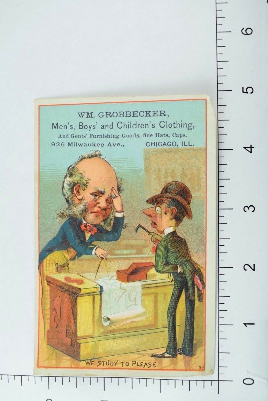 1870's-80's WM. Grobbecker, Clothing, Chicago, Ill. Victorian Trade Card P64