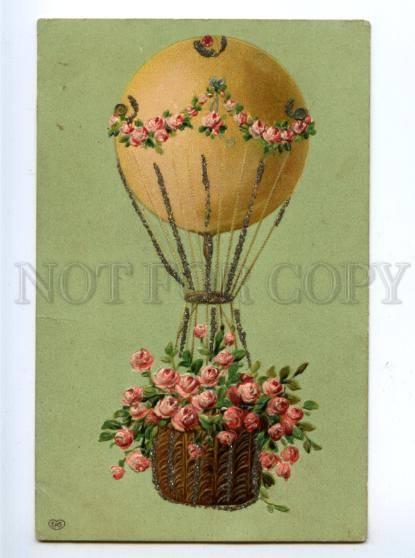 169914 BALLOON w/ ROSES Flowers vintage EMBOSSED PC