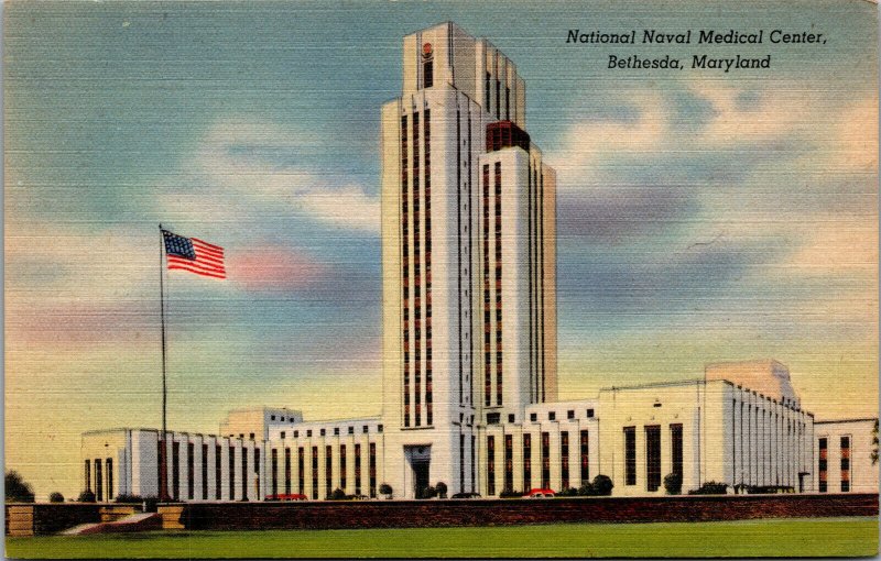 Vtg 1930s National Naval Medical Center Bethesda Maryland MD Linen Postcard
