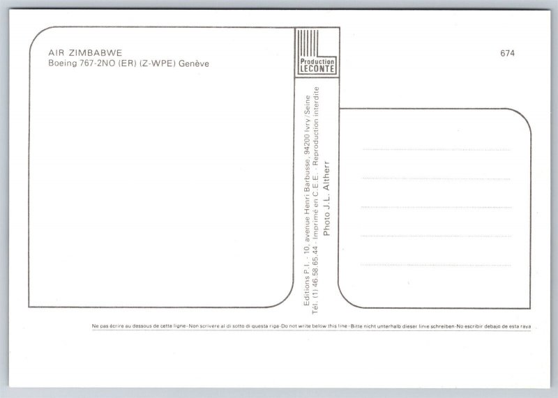 Airplane Postcard Air Zimbabwe Airlines Airways Boeing 767-2NO GB12