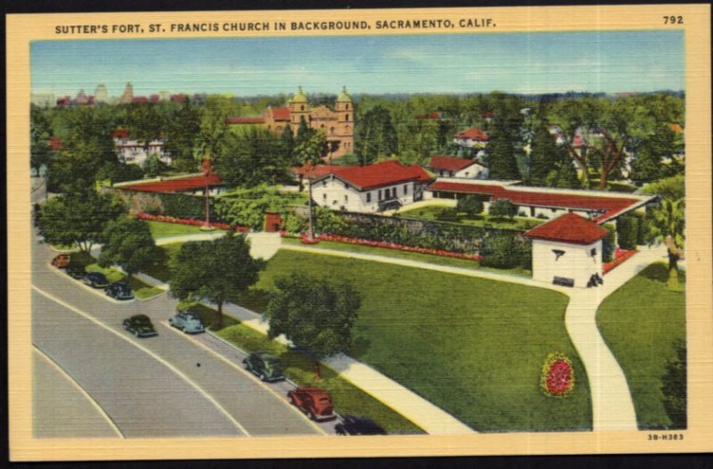 California SACRAMENTO Sutter's Fort St. Francis Church in Background - LINEN