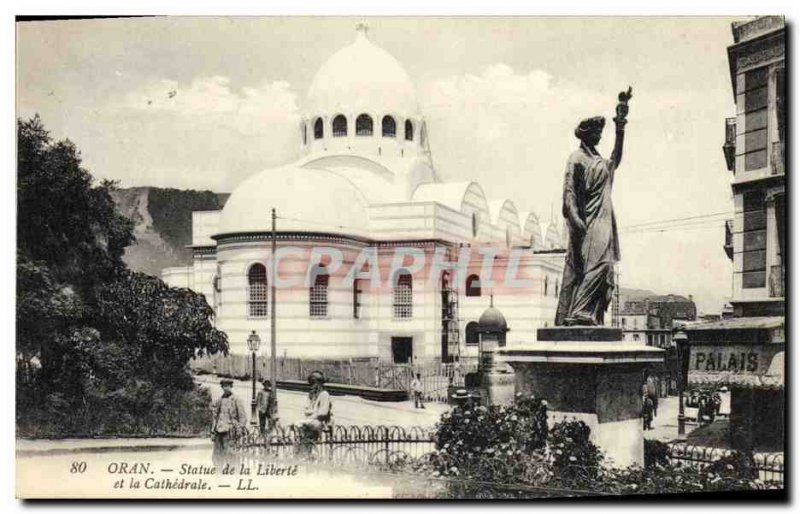 Old Postcard Statue of Liberty and the cathedral Algeria Oran