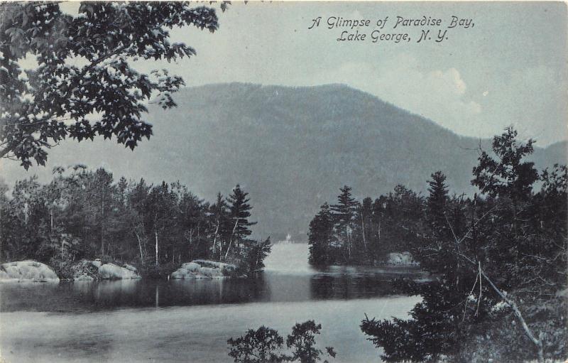 Lake George New York~Paradise Bay Scene~Trees & Rocks along Shoreline~c1910 Pc