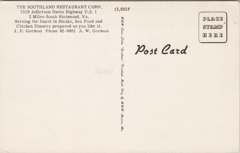 The Southland Restaurant Richmond VA Virginia USA Unused Vintage Postcard F4