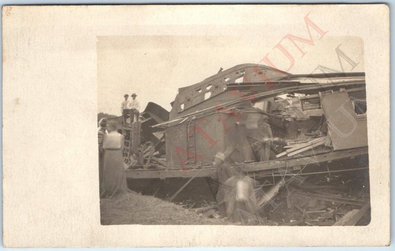 c1910s Unknown Random Train Wreck RPPC Railway Crash Ruins Motion Blur Men A167