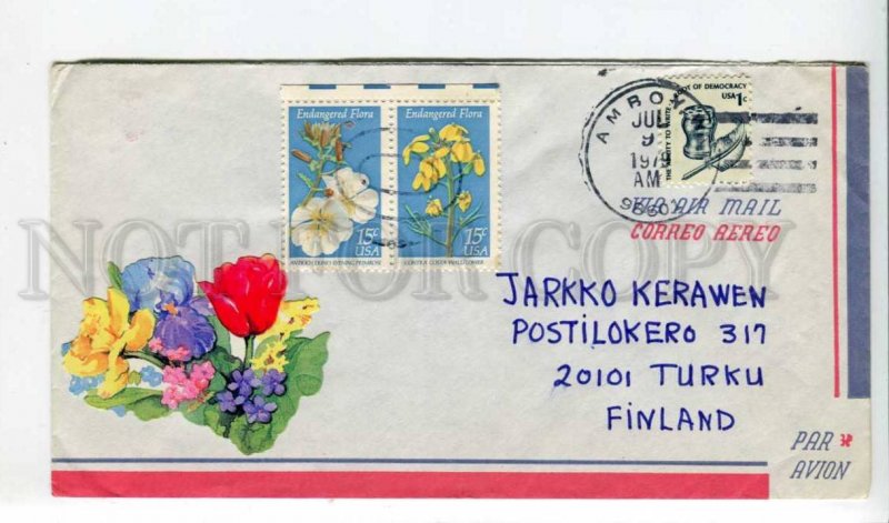 293804 USA to FINLAND 1979 year real posted airmail cover flowers stamps