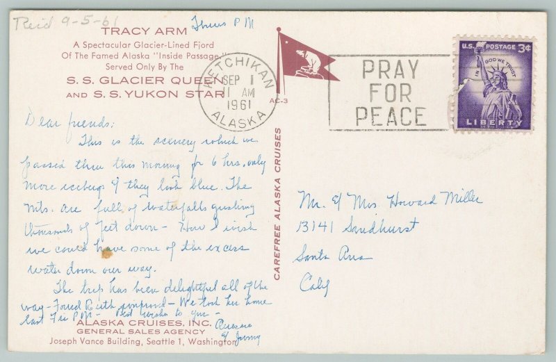 Alaska~Tracy Arm~SS Glacier Queen~SS Yukon Star~Vintage Postcard