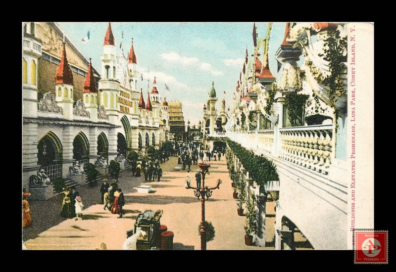 Buildings and Elevated Promenate, Luna Park, Coney Island, Brooklyn, New York...