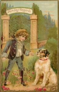 Embossed Greetings Postcard Ser. 1325; Fancy Dressed Colonial Boy & Terrier Dog