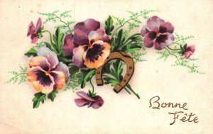 Vintage Postcard Bonne Fete Pansies Bouquet Glittered Magnet Greetings Wishes