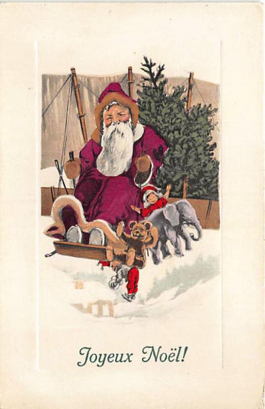 Christmas Purple Suited Santa Claus Sled Stuffed Animals Belgium Postcard