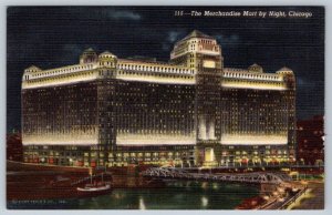 The Merchandise Mart By Night, Chicago, Illinois, Vintage Linen Postcard