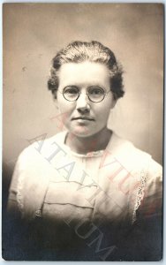 c1910s Close Up Young Lady RPPC Harry Potter Round Glasses Real Photo Cute A160