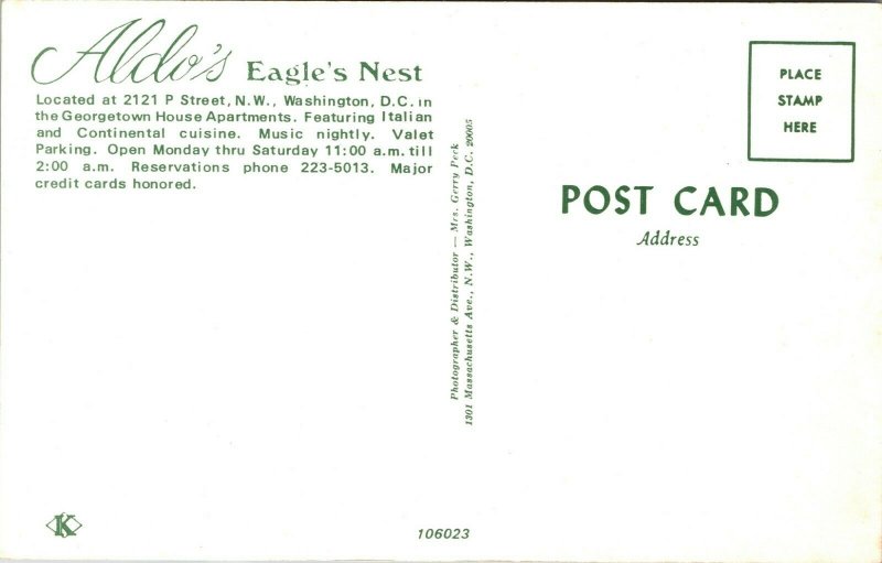 Aldies Eagles Nest  RESTAURANT SCENE Washington DC Postcard AD ART