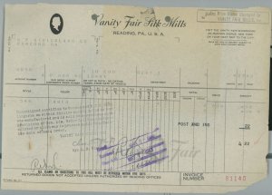 1943 Vanity Fair Silk Mills Reading PA Invoice R.F. Strickland Co. Concord GA156