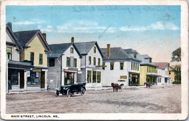 Postcard ME Lincoln - Main Street with horse and car 