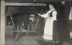 Woman in Glasses Apron Old Time Spinning Wheel c1910 Real Photo Postcard