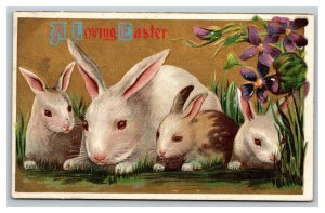 Vintage 1911 Easter Postcard Cute Bunnies in the Grass Large Purple Flower Gold